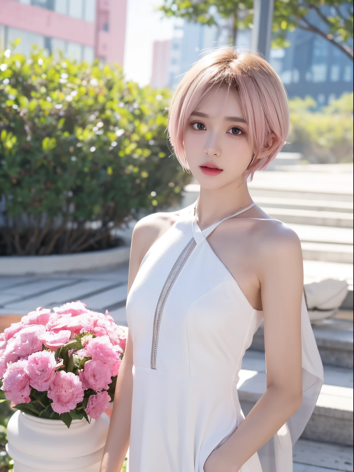 Alkanevi, One of them wearing a white dress、Pink medium and short hair ladies, Female face, unreal engine character art,