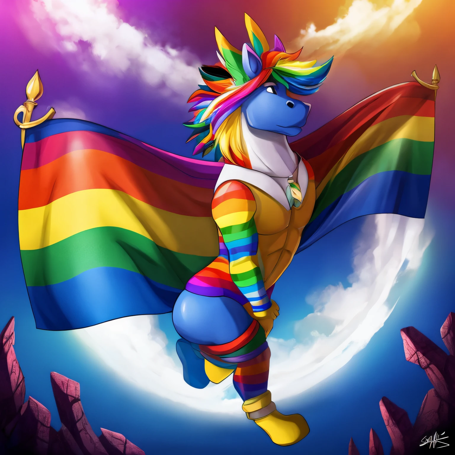 Cavalo voando pelo arco iris com bandeira LGBTQI+