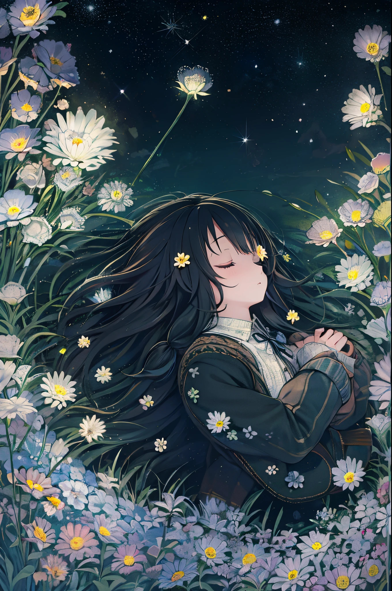tiny girl, Flowers, Sleeping, Long Black Hair, Night, Starry sky
