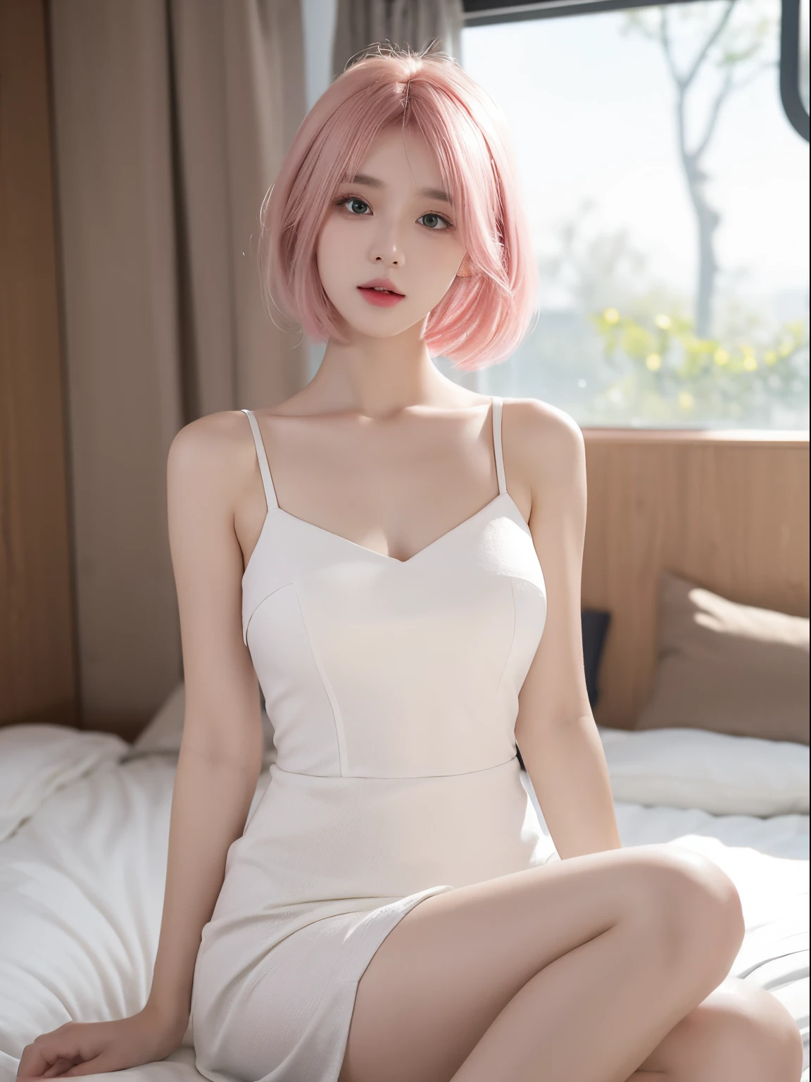 ((best quality)), ((masterpiece)), (detailed), milf, Pink Sexy dress, hips up, หน้าอกใหญ่มาก, Wolf Cut, pink Hair, แสงแบบภาพยนต์, Sexy pose, on bed, night,,