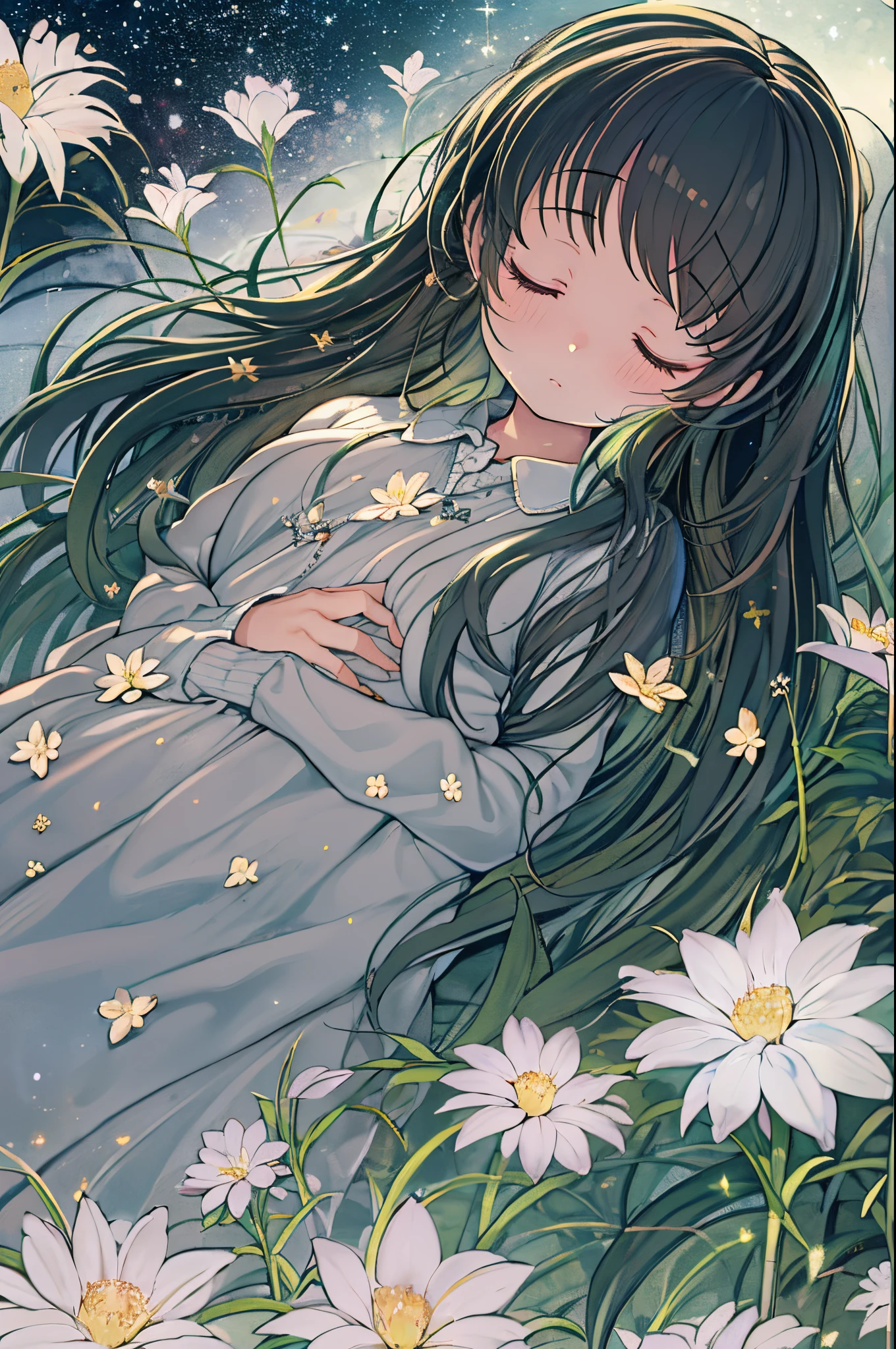 tiny girl, Flowers, Sleeping, Long Black Hair, Night, Starry sky