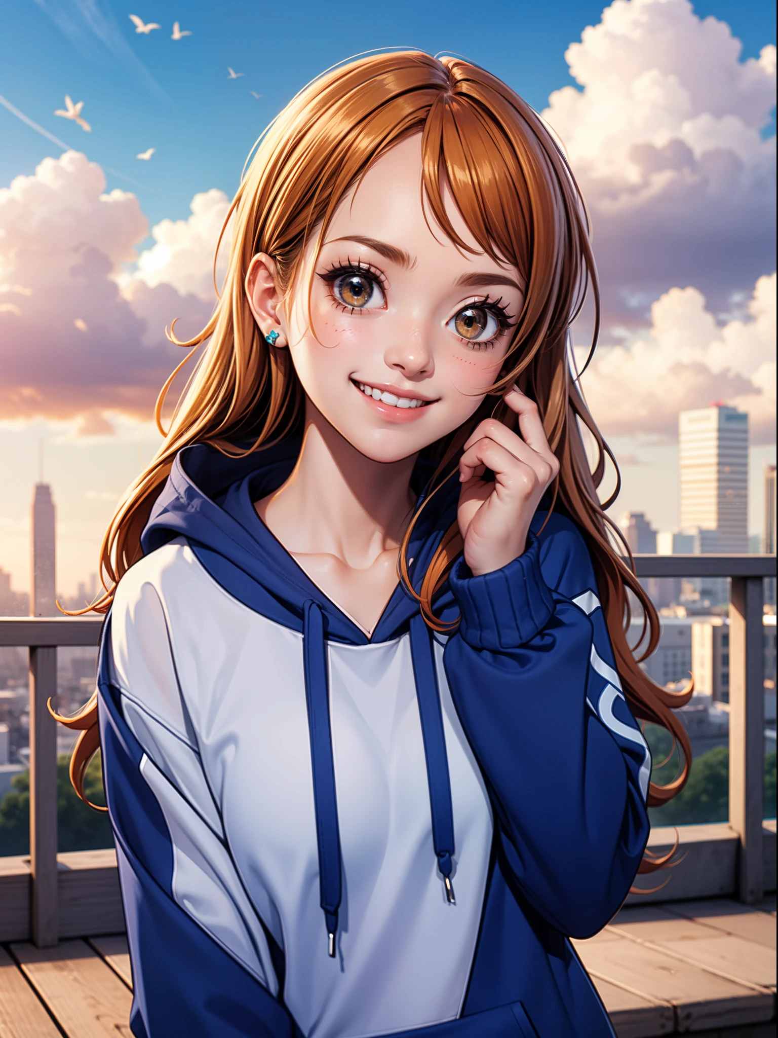 Masterpiece, ultra-detailed, upper body, 1girl, solo, Nami from one piece,very light orange and yellowish haired girl,beautiful brown eyes, blushing cheeks,in a clouds in the sky smiling at the viewer, blushing on the cheek with a free hair . She should be wearing a Streetwear Hoodie, dinamic lighting, vivid colours, ultra detailed, city street background, blur background