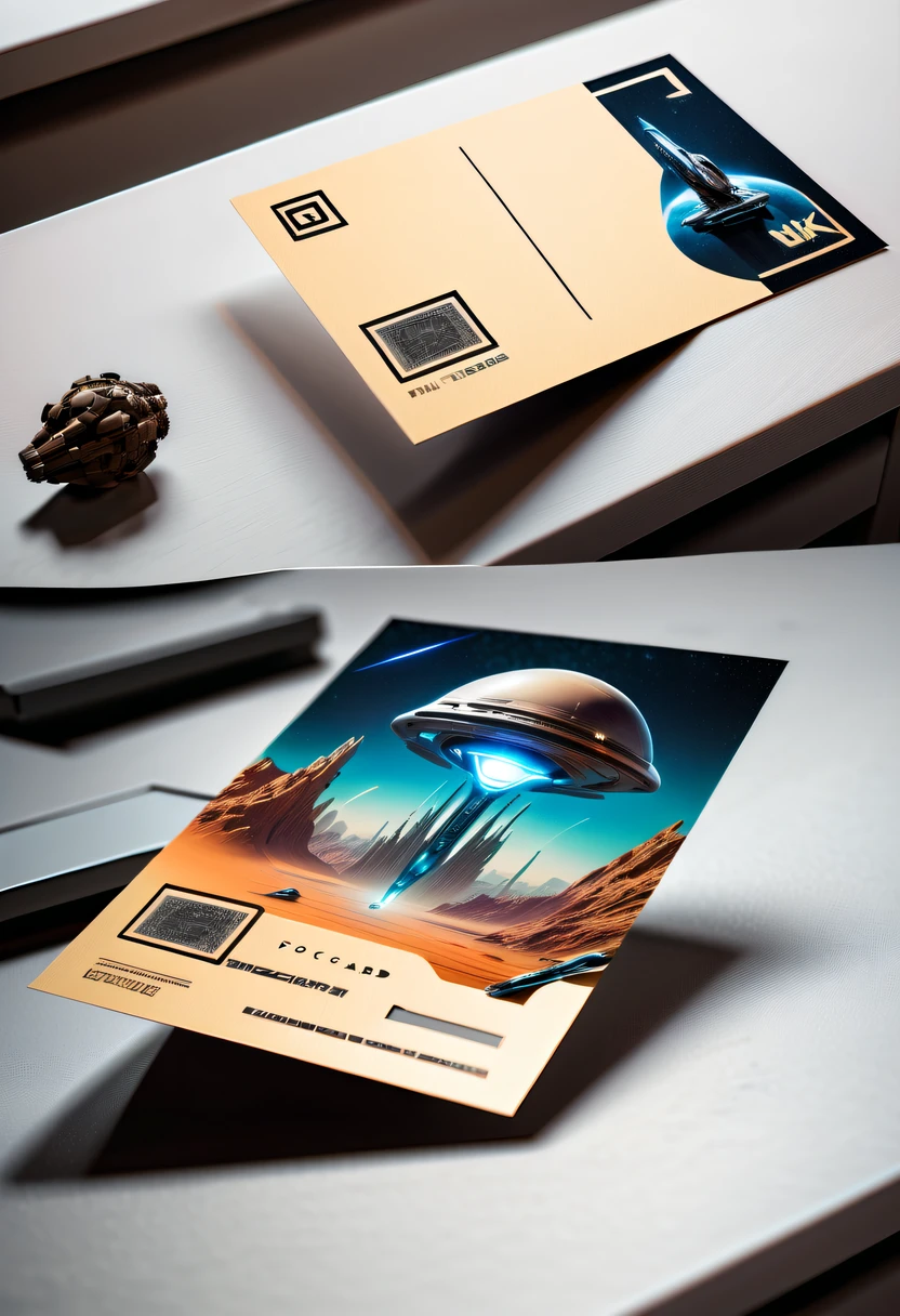 Best quality,8K,A high resolution,tmasterpiece:1.2,(actual:1.37),(Postcard with futuristic science fiction written on the front:1.3),(The reverse side a postcard in envelope format..:1.2),cardboard postcard,simplebackground,On a table