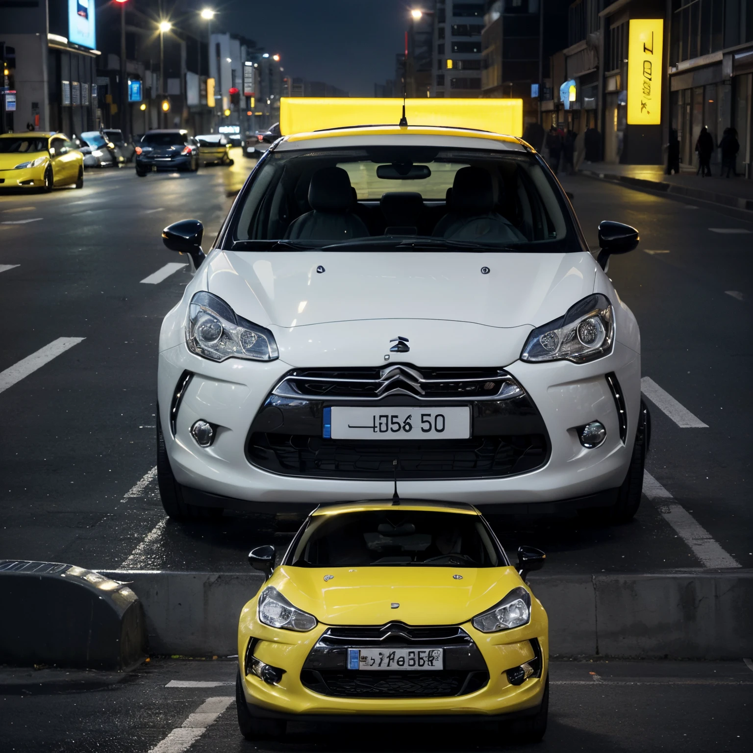 (high-res, 10) Citroen DS3, 2012 model, beautiful yellow color, white roof, futuristic sports car with neon headlights on the street of a futuristic city with glass skyscrapers.