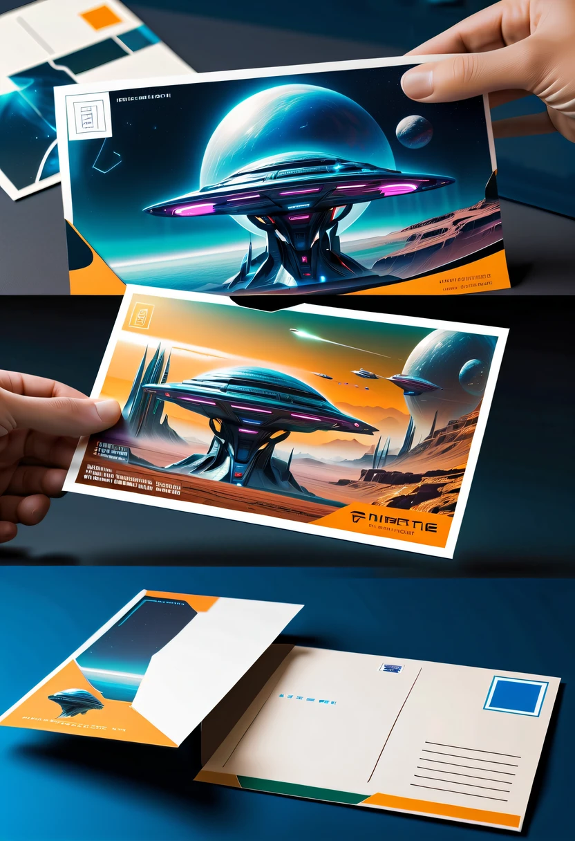 Best quality,8K,A high resolution,tmasterpiece:1.2,(actual:1.37),(Postcard with futuristic science fiction written on the front:1.3)，(The reverse side  a postcard in envelope format..:1.2)，cardboard postcard，simplebackground，On a table