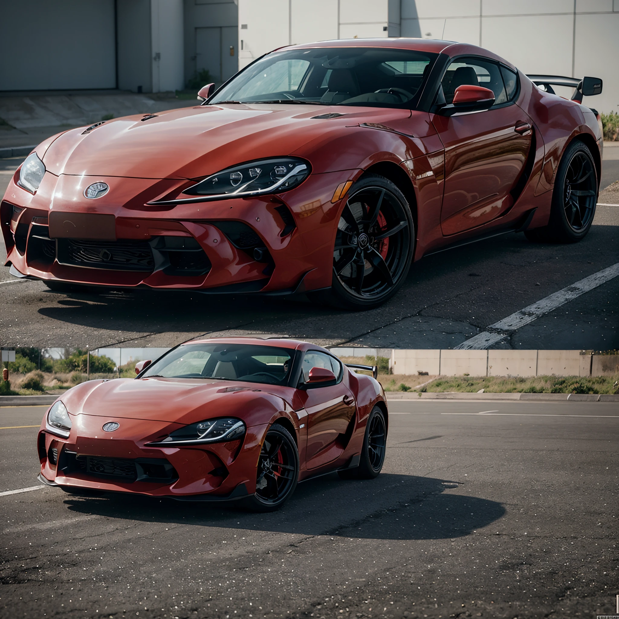 um close up de um carro esportivo vermelho estacionado em um estacionamento, Corpo largo, Toyota Supra, daniel maidman octane rendering, hyper real render, estilo miura kentaro, epic stance, Estilo Kentaro Miura, inspirado em Kentaro Miura, hyperealistic octane render, estilo de conceito, KodakChrome : : 8 mil, aesthetic octane render!