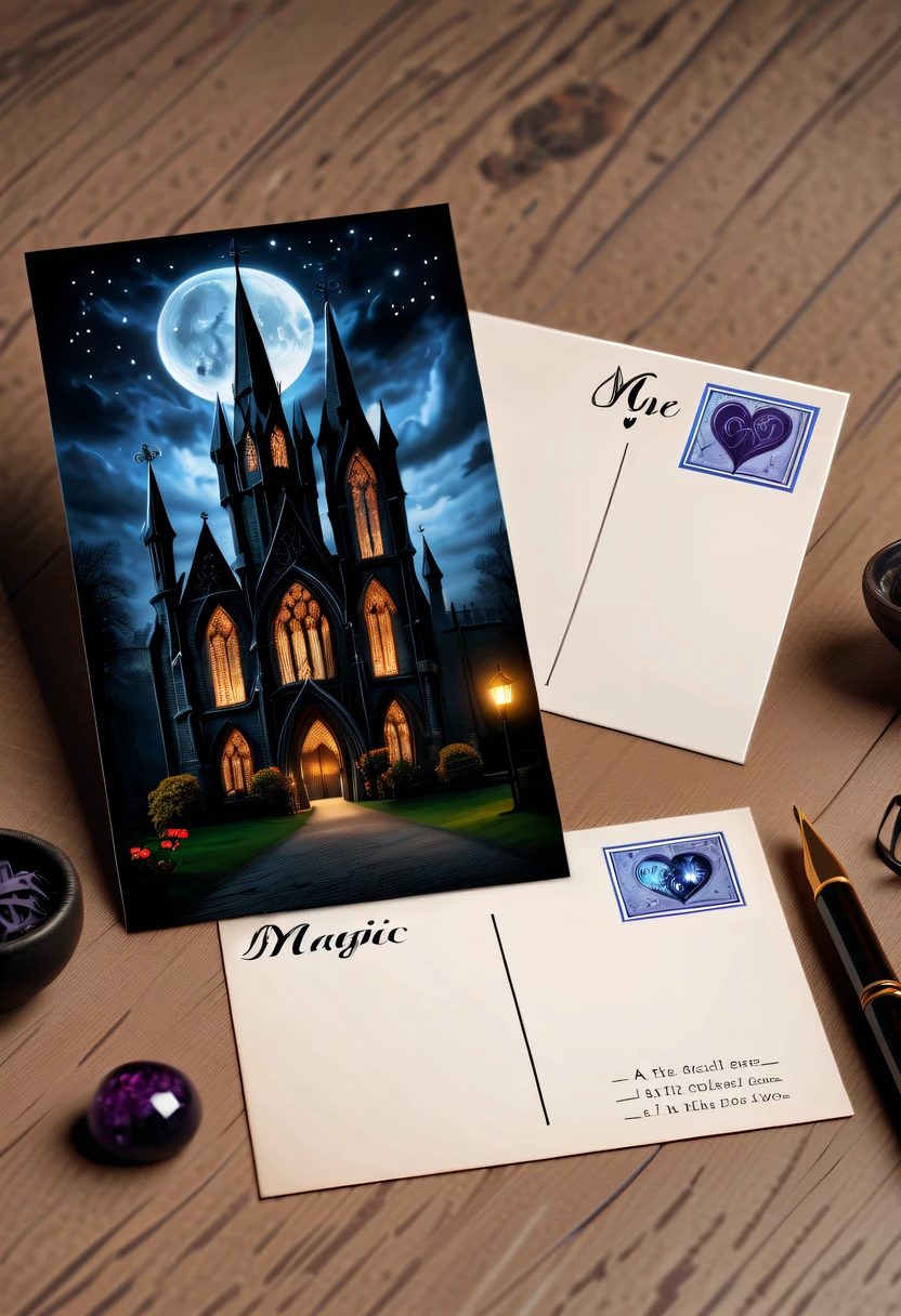 Best quality,8K,A high resolution,tmasterpiece:1.2,(actual:1.37),(Postcard with gothic magic on the front:1.3),(The reverse side a postcard in envelope format..:1.1),(Write magical words your my love on postcard free":1.2),cardboard postcard,simplebackground,On a table,