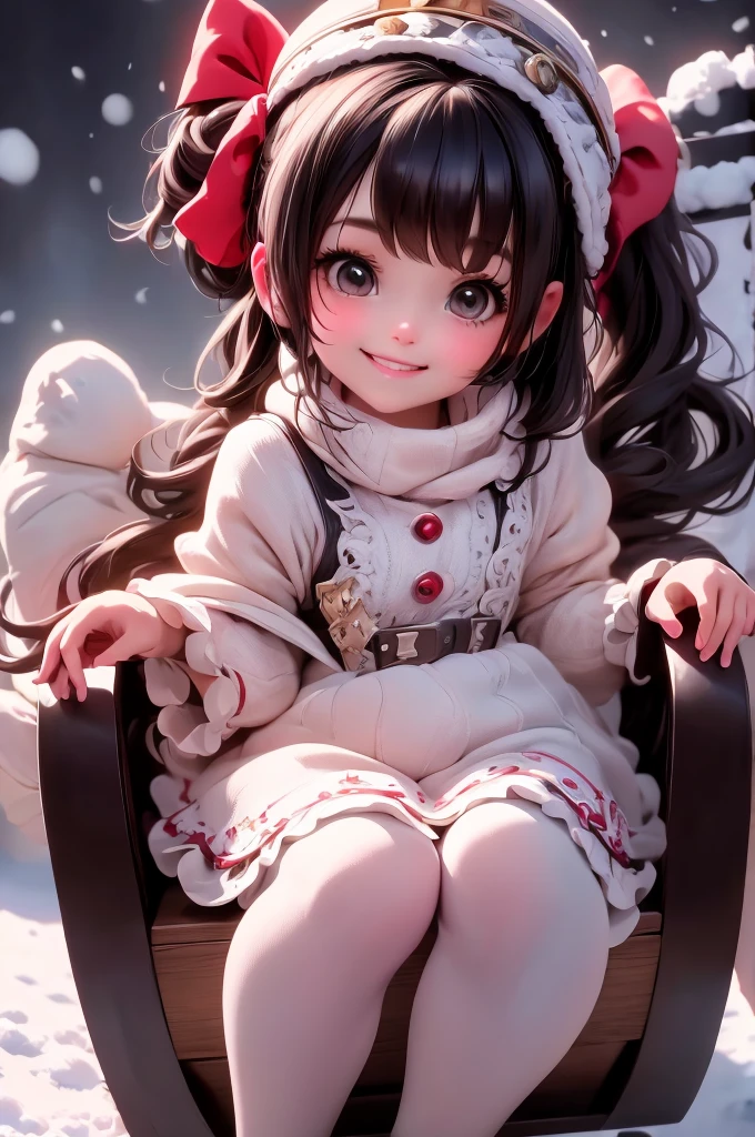 amasterpiece, best quality, 8k, cinematic light, ultra high res, chibi, cute girl smiling sitting on a sleigh, (bigfeet:0.4), (bighands:0.4)black hair, christmas steampunk dress, christmas hair ribbons, white pantyhose, black pumps, magical night, winter night, magical sparks floating, falling snow, dark shadows, ((dark fantasy)),