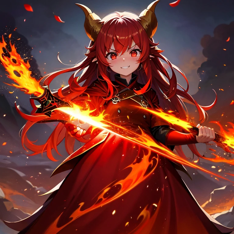 Demon engulfed in flames against the background of a volcanic eruption、Have a flaming sword、There are horns on the head、grows big fangs、red hairs、Red dress、appropriate margin、