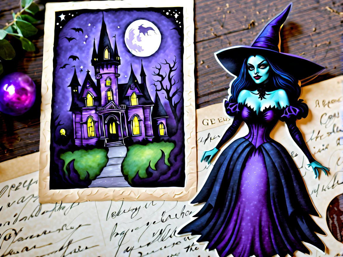 (vintage:1.3), (solo:1.3), design a small (captivating gothic) (((((((postcard))))))) featuring a witch standing in front of a haunted mansion at starry night, the witch  dressed in a short sexy purple gown, with a pointed hat, the mansion  old and decrepit, with spooky details and full moon casting an eerie glow, (((the postcard has handwritten text that reads "Greetings from the Wicked Witch's Lair))), mysterious and enchanting, More Detail