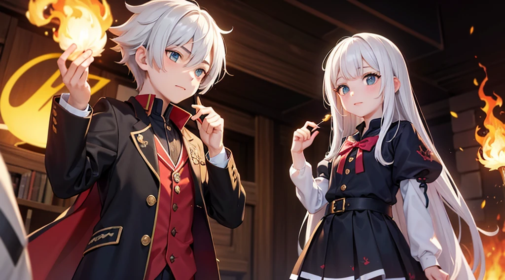 A boy and a girl brother both have white hair, o menino e um invocador enquanto a menina e uma maga de fogo, They are both teenagers and are wearing anime school clothes, faz o menino invocando um mosntro atras dele e a menina usandk magia de fogo, os dois fica um do lado do outro, imagem de papel de parede 8k, makes the monster behind the boy and a fire in the girl's hand, behind the boy there is a dragon and in the girl's hand there is fire magic, So in the image there is a dragon behind the boy and fire magic in the girl's hand, e os dois tem cabelo branco, and don't forget the dragon behind the boy and in the girl's hand fire magic.