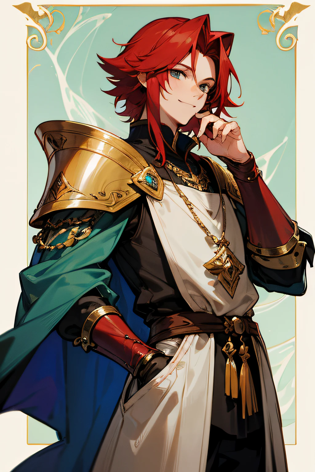 Put your hands in your pockets., I stand up, Final Fantasy, poet ,young, Red-Haired, Emerald eyes, fantasy, handsome ,Talk a lot, middle ages, Shoot me. ,smile, armature