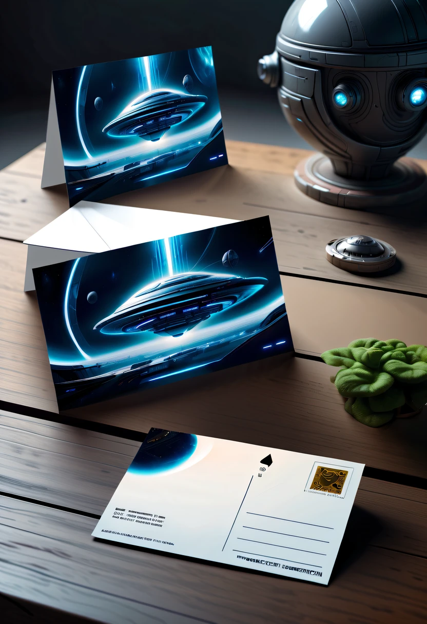 Best quality,8K,A high resolution,tmasterpiece:1.2,(actual:1.37),(Postcard with futuristic science fiction written on the front:1.3),(The reverse side a postcard in envelope format..:1.2),cardboard postcard,simplebackground,On a table