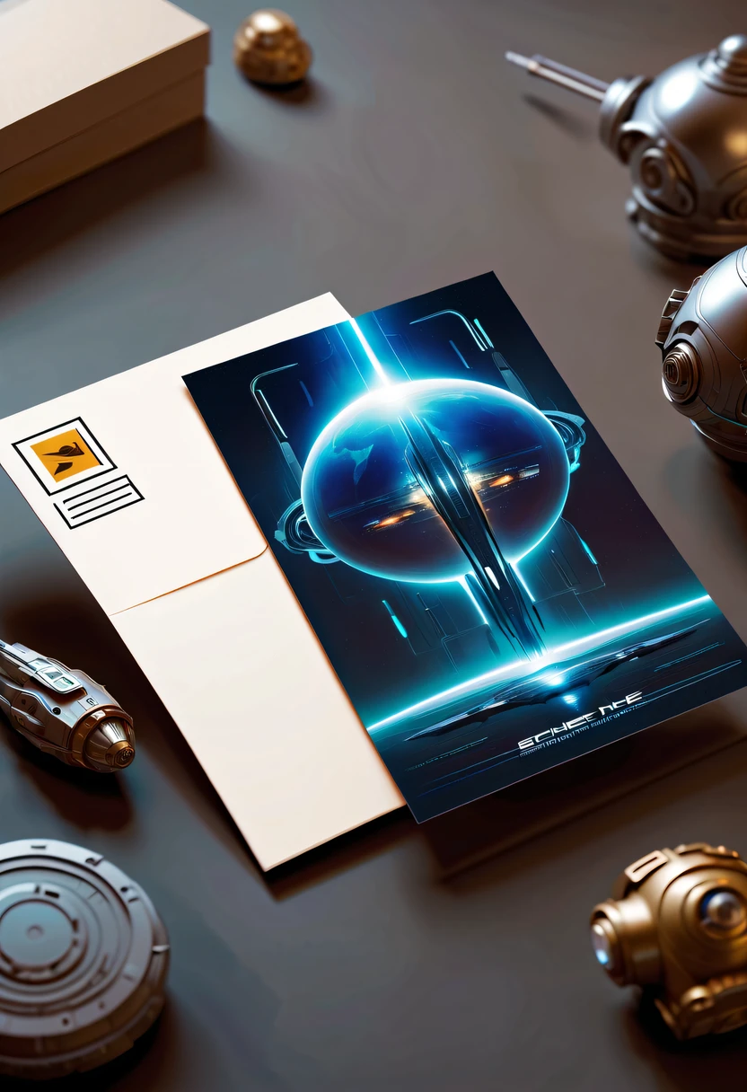 Best quality,8K,A high resolution,tmasterpiece:1.2,(actual:1.37),(Postcard with futuristic science fiction written on the front:1.3),(The reverse side a postcard in envelope format..:1.2),cardboard postcard,simplebackground,On a table