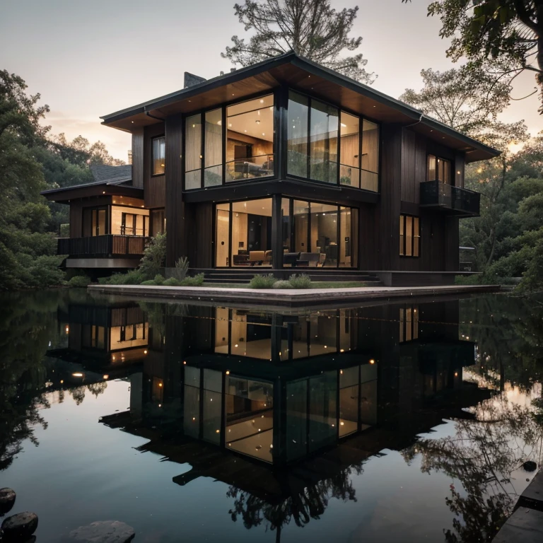 Generate a high-quality image with advanced details and cinematic style that depicts an extraordinary, modern single-story, predominantly wood and glass home featuring a dark gray and black color palette. The house must be integrated into a natural landscape of ancient forest. Highlight the presence of a small water mirror near the residence, containing orange carp fish. Be sure to capture the refined details of the architecture, including the combination of materials, the interaction between glass and wood, and the visual harmony between the house, the forest and the water mirror with the fish