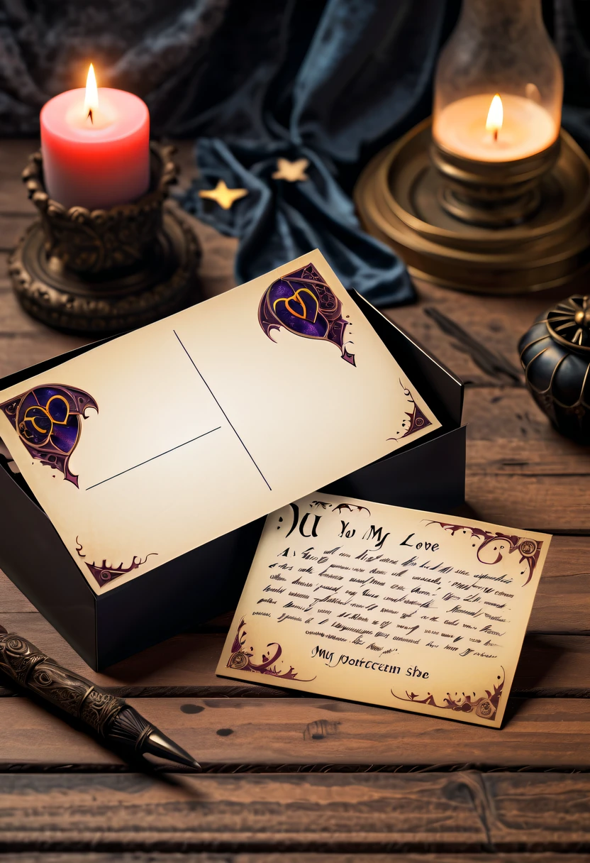 Best quality,8K,A high resolution,tmasterpiece:1.2,(actual:1.37),(Postcard with gothic magic on the front:1.3)，(The reverse side  a postcard in envelope format..:1.1)，(Write magical words your my love on postcard free":1.2)，cardboard postcard，simplebackground，On a table，