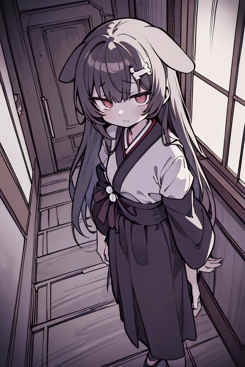 ((Inugami korone)), ((masterpiece)), (Professional Photography:1.2), Creepy anime scene in a dimly lit, abandoned basement. The protagonist, cautiously descends the creaky staircase. The atmosphere is filled with suspense and mystery, as eerie shadows dance on the walls. The basement is cluttered with old furniture, cobwebs, and rusty tools, adding to the sense of dread. The lighting is low, with flickering fluorescent lights casting haunting shadows. The style is inspired by Japanese horror manga, with detailed linework and intense shading. Achieve the style using digital illustration software and a dark color palette. The composition should focus on the girl, capturing her fear and determination,