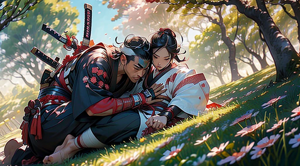 (((Two men))) one long red hair samurai in a fight position against other short black hair man samurai, they are both fight under a cherry blossom tree, cherry blossom leafs are falling from the tree (((beautiful cherry blossom leafs))), golden sun, sundown, 4k, unreal engine, high quality details, amazing quality.