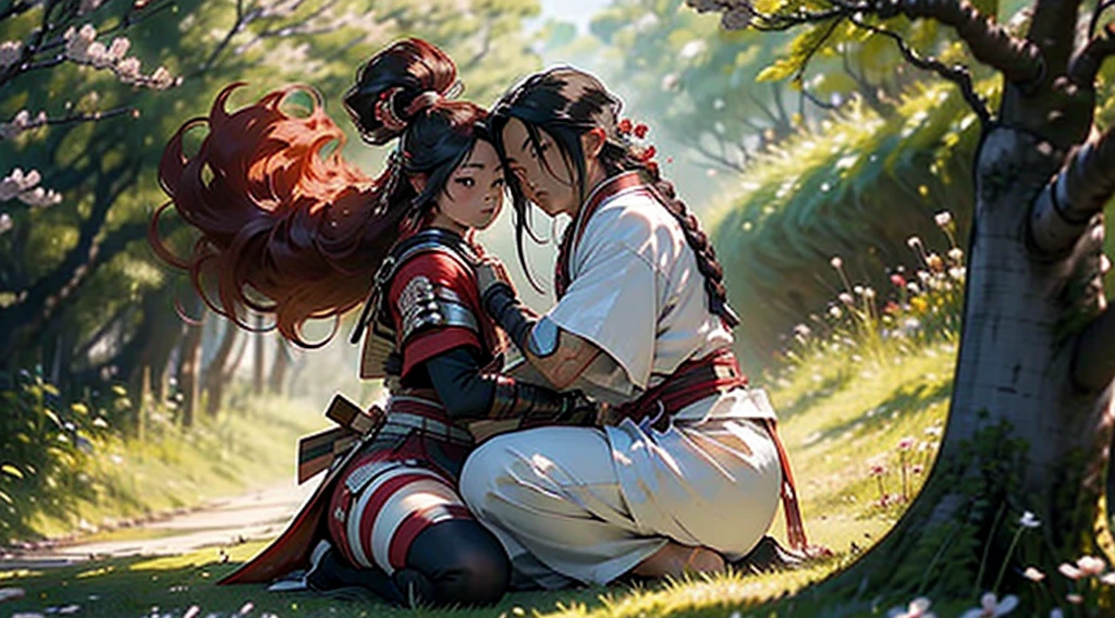 (((Two men))) one long red hair samurai in a fight position against other short black hair man samurai, they are both fight under a cherry blossom tree, cherry blossom leafs are falling from the tree (((beautiful cherry blossom leafs))), golden sun, sundown, 4k, unreal engine, high quality details, amazing quality.