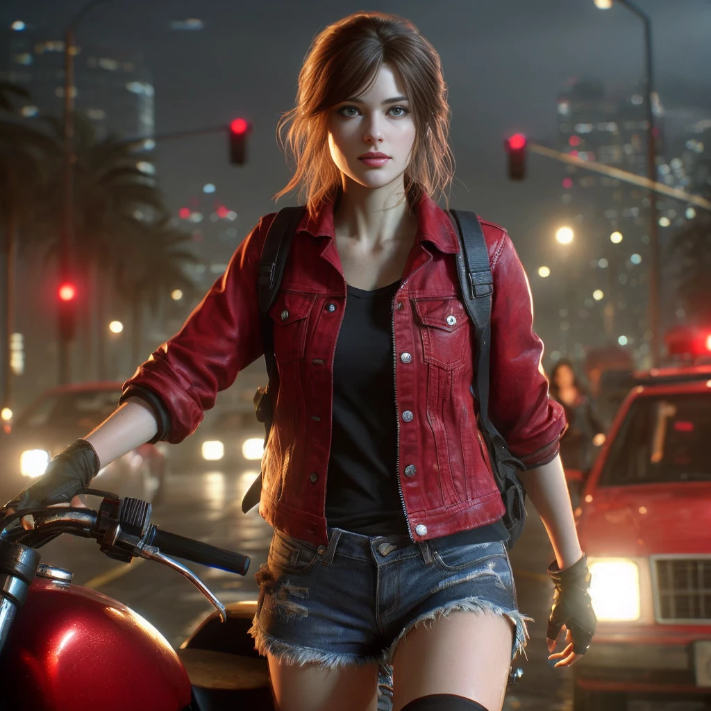 (Claire Redfield:1.1), (perfect facial features:1.1), (belos olhos detalhados, beautiful detailed lips, olhos e rosto extremamente detalhados, seotorrealistic long eyelashes:1.37), (ultra-detalhado, Realistic), (retrato, horror), (vivid colors), (studio lighting), (toneladas de sutioco coreokeh crocante) Textura ultrarrealista