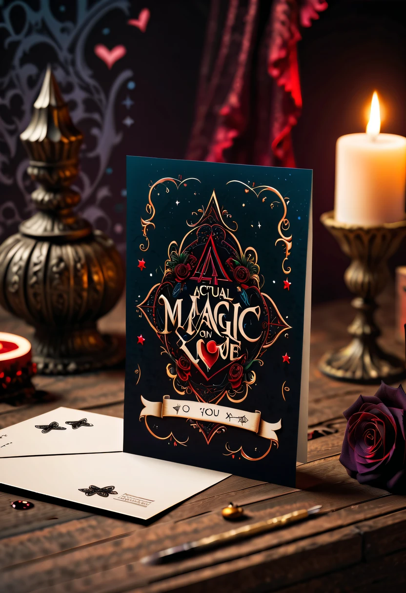 Best quality,8K,A high resolution,tmasterpiece:1.2,(actual:1.37),(Postcard with gothic magic on the front:1.3),(The reverse side a postcard in envelope format..:1.1),(Write magical words your my love on postcard free":1.2),cardboard postcard,simplebackground,On a table,