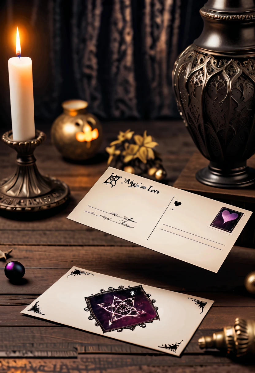 Best quality,8K,A high resolution,tmasterpiece:1.2,(actual:1.37),(Postcard with gothic magic on the front:1.3),(The reverse side a postcard in envelope format..:1.1),(Write magical words your my love on postcard free":1.2),cardboard postcard,simplebackground,On a table,