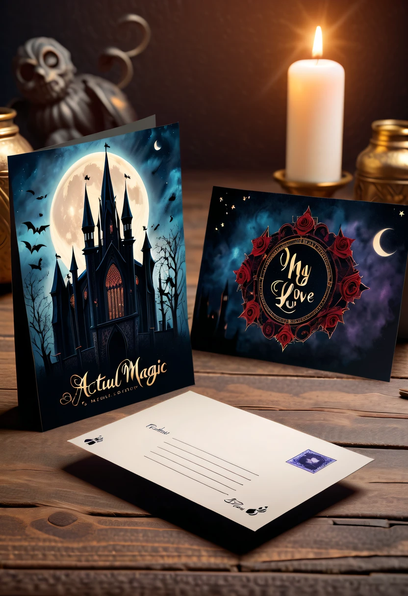 Best quality,8K,A high resolution,tmasterpiece:1.2,(actual:1.37),(Postcard with gothic magic on the front:1.3),(The reverse side a postcard in envelope format..:1.1),(Write magical words your my love on postcard free":1.2),cardboard postcard,simplebackground,On a table,