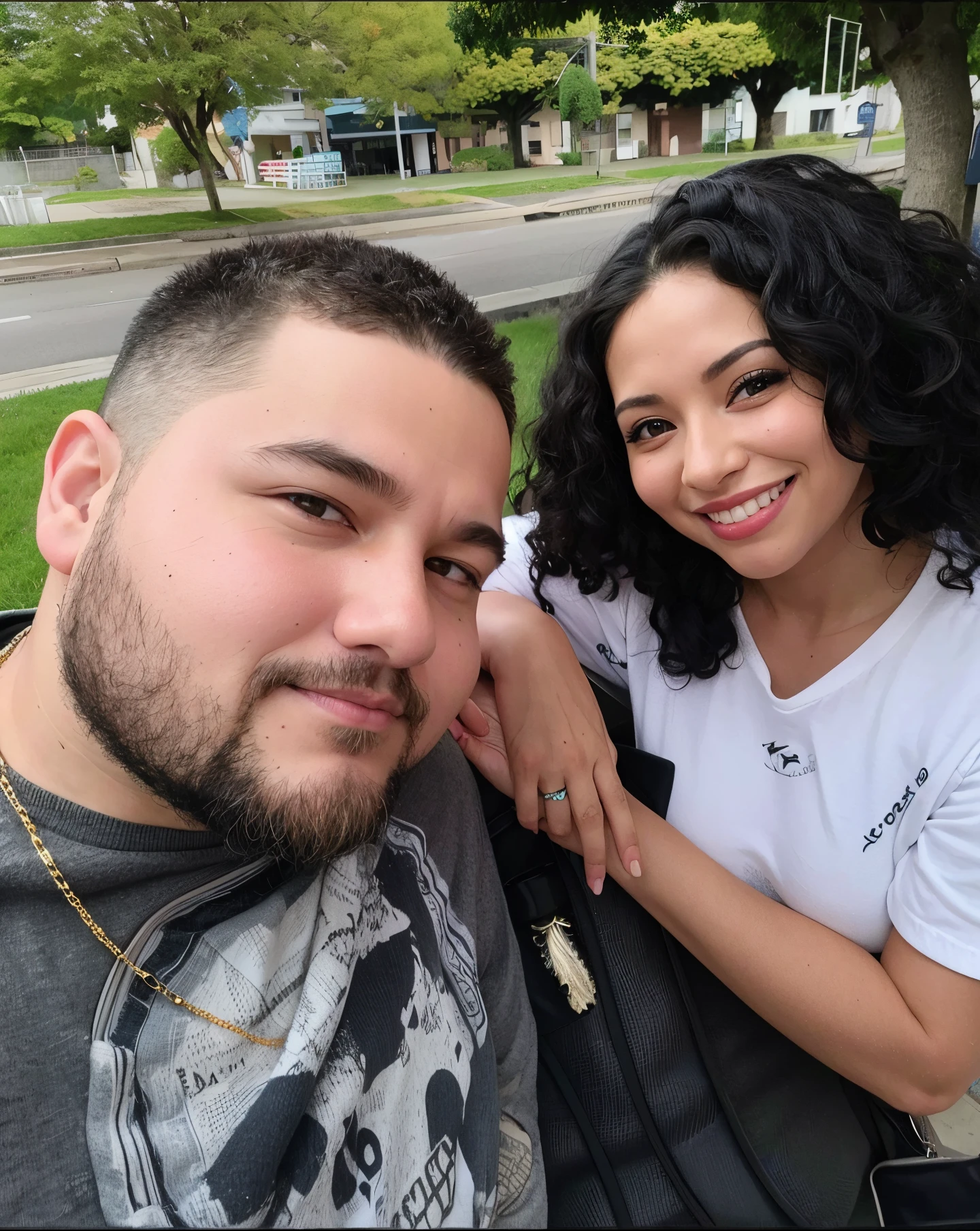 tem um homem e uma mulher posando para uma foto, Directed by: Nandor Soldier, Karla Ortiz, they are in love, Marischa Becker, Casal feliz, andrea rocha, taken in the early 2020s, Alanis Guillen, Lovely couple, facebook post, foto de perfil, suave em _ O pano de fundo, on the sidewalk she has curly hair