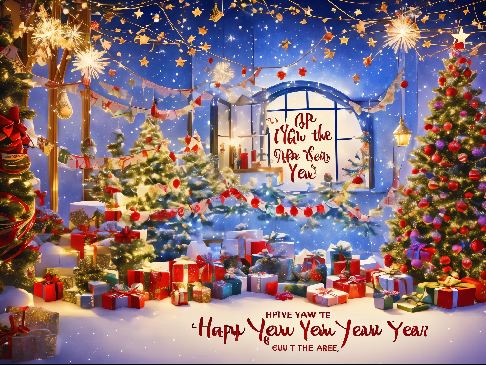 Create a greeting card, gift card, Happy New Year greeting card design! A cozy festive atmosphere, a room decorated with New Year's garlands and multi-colored light bulbs, in the center of the room there is a New Year's pine tree decorated with toys with a glowing star on the top, under the tree there are New Year's gifts, in the room there is a window through which fireworks can be seen, artistic hand-drawn style, watercolor style, text at the top of the postcard "Happy New Year"