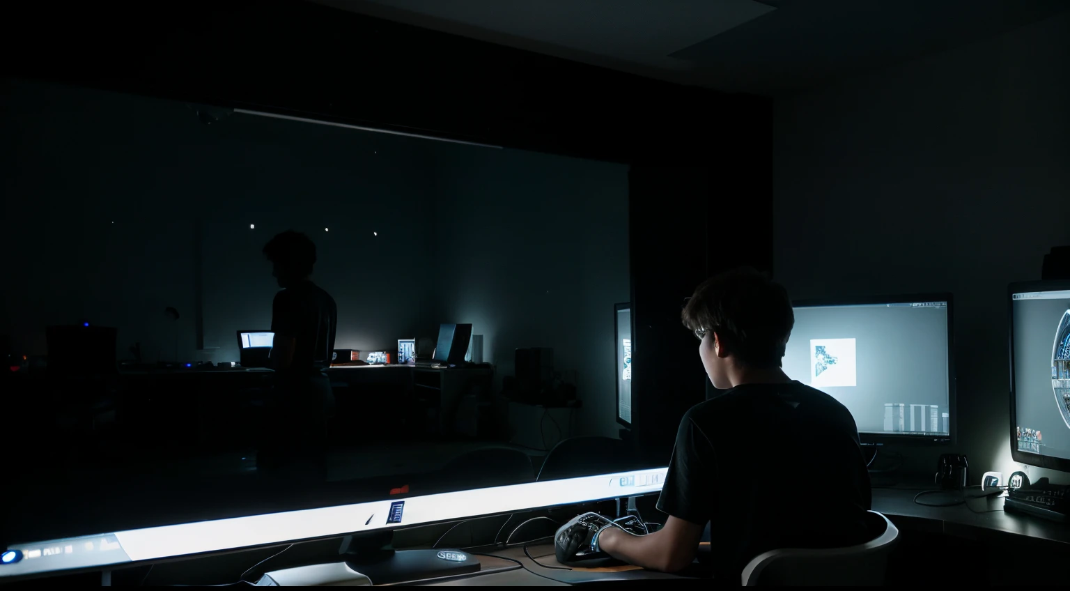 a teenage boy sitting in from of a gaming desktops, in a dark room, lights are coming only from desktop