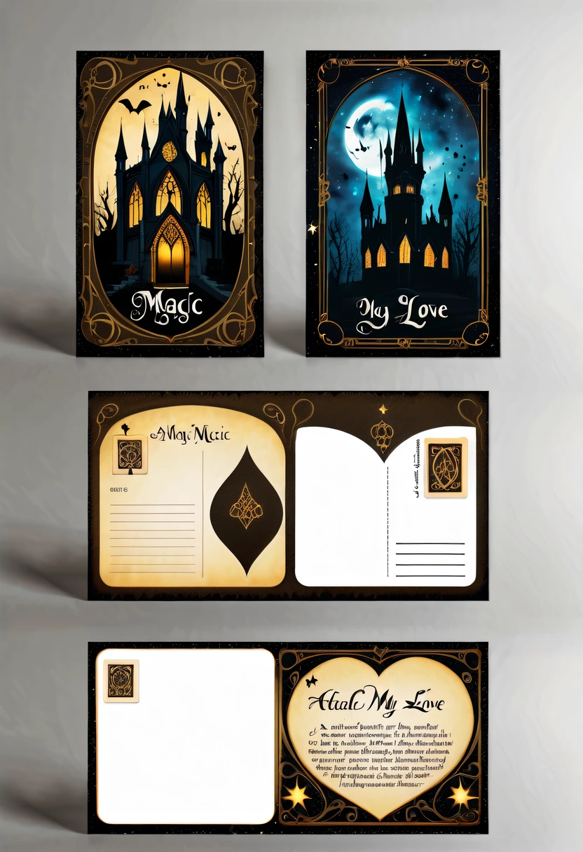 Best quality,8K,A high resolution,tmasterpiece:1.2,(actual:1.37),(Postcard with gothic magic on the front:1.3),(The reverse side a postcard in envelope format..:1.1),(Write magical words your my love on postcard free":1.2),cardboard postcard,simplebackground,On a table,