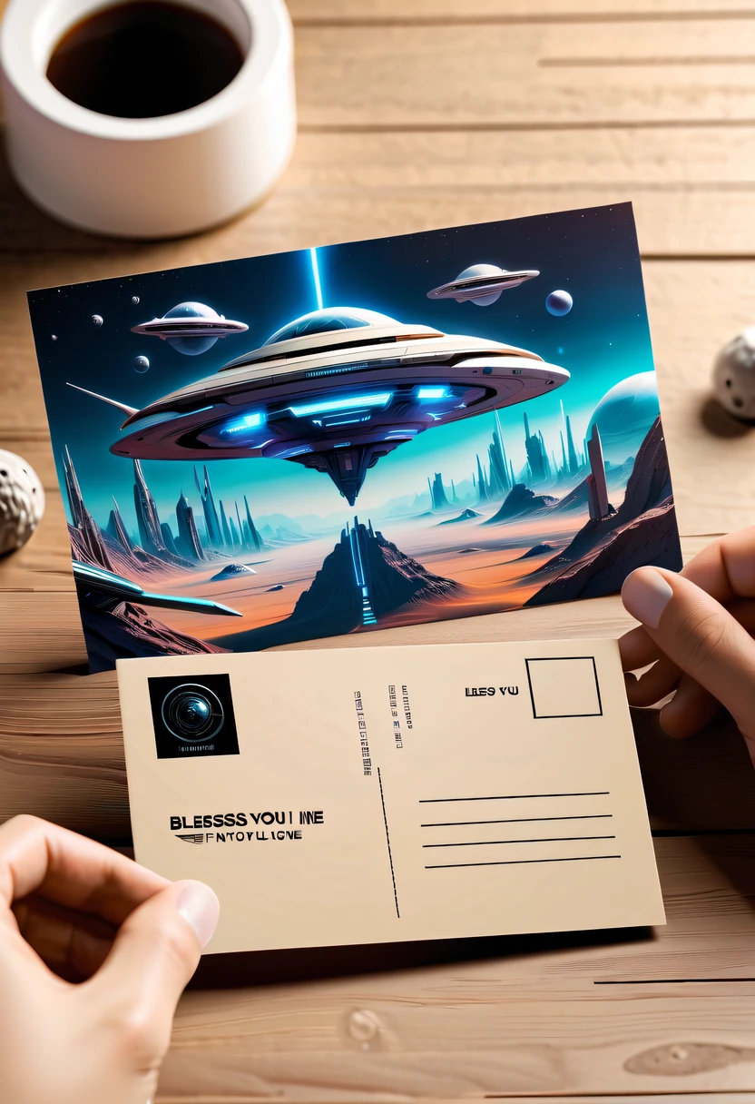 Best quality,8K,A high resolution,tmasterpiece:1.2,(actual:1.37),(Postcard with futuristic science fiction written on the front:1.3),(The reverse side a postcard in envelope format..:1.1),(Write bold text on postcard "bless you my love":1.2),cardboard postcard,simplebackground,On a table
