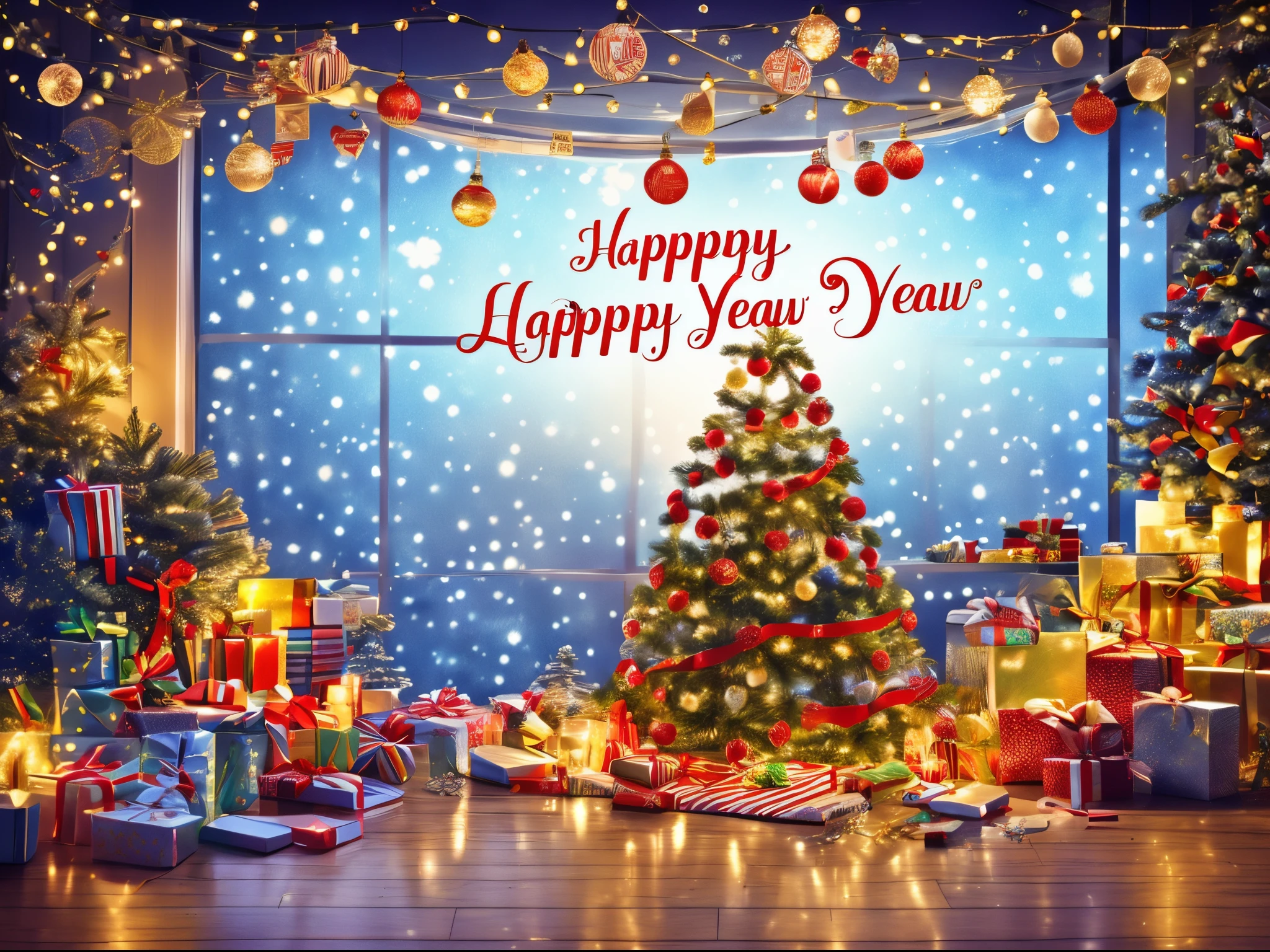 Create a greeting card, gift card, Happy New Year greeting card design! A cozy festive atmosphere, a room decorated with New Year's garlands and multi-colored light bulbs, in the center of the room there is a New Year's pine tree decorated with toys with a glowing star on the top, under the tree there are New Year's gifts, in the room there is a window through which fireworks can be seen, artistic hand-drawn style, watercolor style, text at the top of the postcard "Happy New Year"
