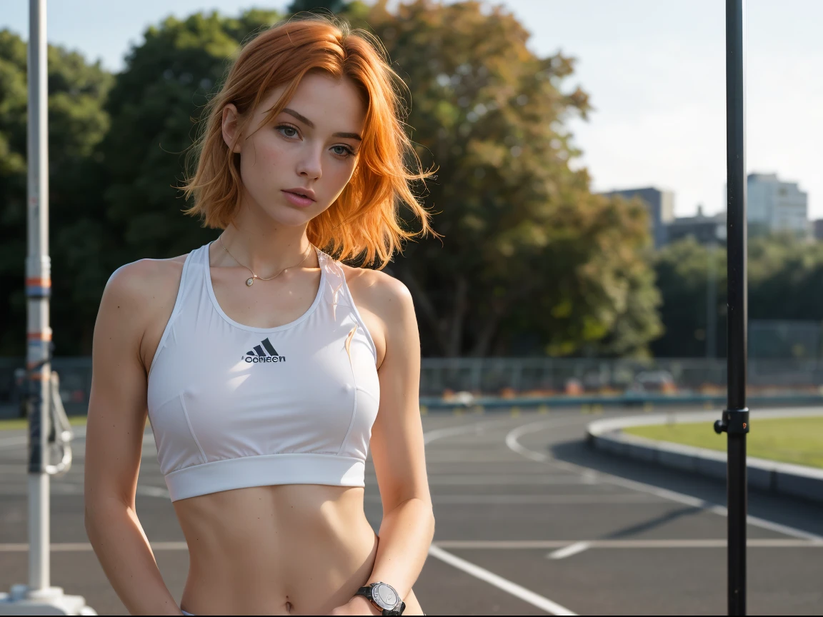 thin (((masterpiece))), ((one) girl 22 year old) (((Caucasian))) ((small breast)) French girl with shoulder length messy  orange hair, she  petite. She  wearing running gear, she facing towards the camera one hand on hip, outdoor running track, taken with, Canon 85mm lens, extreme quality, heavily retouched, heavy makeup, very high quality, flawless beauty, (((wearing sports watch)))