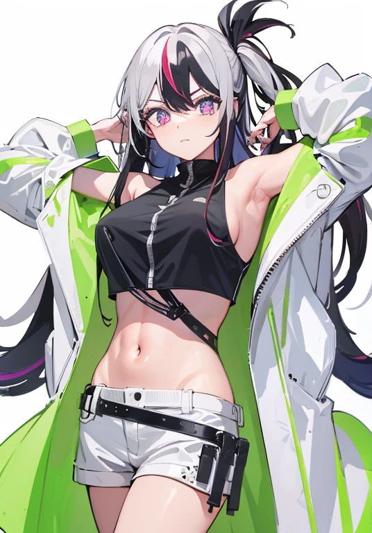 black hair, colored inner hair, streaked hair, black hair, silver hair，silver hair, single sidelock, hair strand, absurdly long hair, star-shaped pupils, gradient eyes, shiny hair, one side up, anime style, anime style, UHD, UHD, 4K，Manteau，hot pant，perfect bodieig breast，big breasts body，figure，Black motorcycle vest，Shao Baitou，black and white hair color，