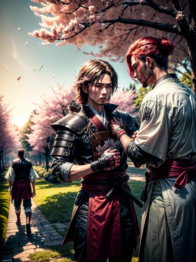 (((Two men))) one long red hair samurai in a fight position against other short black hair man samurai, they are both fight under a cherry blossom tree, cherry blossom leafs are falling from the tree (((beautiful cherry blossom leafs))), golden sun, sundown, 4k, unreal engine, high quality details, amazing quality.