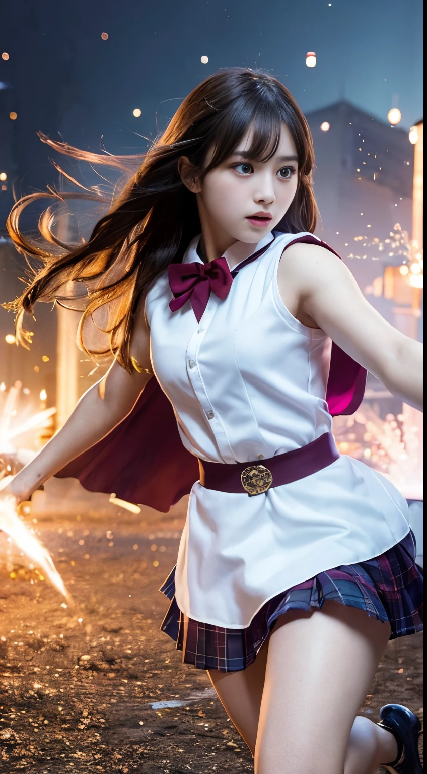 RAW pictures, super detailed, masterpiece, best quality, high resolution,
highlights in eyes, , private photo, night, bangs, Fluttering hair, outdoor,
BREAK
A girl in school uniform, clad in magical robes, fiercely battles her enemies in the magical world. Her movements are agile, and a glowing magic circle unfolding around her as she chants magic while her skirt sways brightly. A mass of energy dwells in front of her hands, which are outstretched in front of her. Her combat like a powerful and beautiful dance as she defeats one enemy after another with swift and precise actions. Her eyes and strong will are reflected in her magic, shaking the air around her.
The background wonderfully blurred. This effect makes the beauty and emotion of the person stand out even more.
