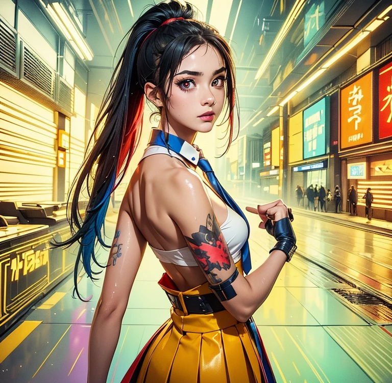 masterpiece, highest quality, realistic, subsurface scattering, chromatic lighting, colorized, red + yelloreen + blue limited color palette, detailed concept drawing, line-art, illustration, cyberpunk, 18yo 1girl,small breasts, extrovert, ponytail hair, punk outfit, necktie, pleated, America city, club, people, wet detailed background