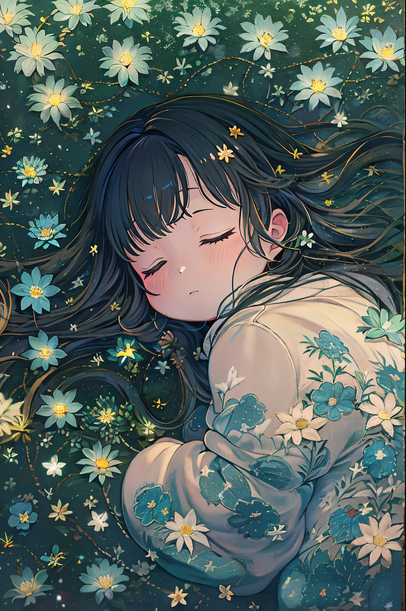 tiny girl, Flowers, Sleeping, Long Black Hair, Night, Starry sky