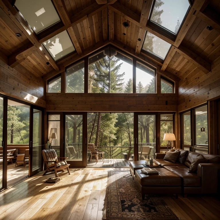 Generate a high-quality image with advanced levels of detail and cinematic style, depicting an en-suite loft nestled in an ancient forest. The loft must be characterized by modern architecture, highlighted by the extensive use of glass and wood. Ensure that the suite is especially highlighted in the image, with many glass elements that allow a panoramic view of the surrounding nature. Capture the refined details of the fusion between contemporary loft design and the natural forest atmosphere, providing a unique and visually impactful feel
