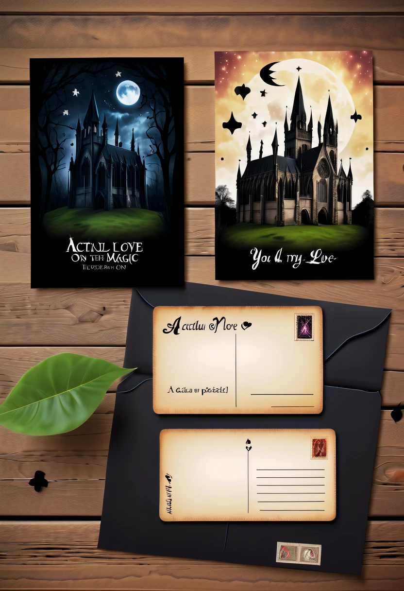 Best quality,8K,A high resolution,tmasterpiece:1.2,(actual:1.37),(Postcard with gothic magic on the front:1.3),(The reverse side a postcard in envelope format..:1.1),(Write magical words your my love on postcard free":1.2),cardboard postcard,simplebackground,On a table,