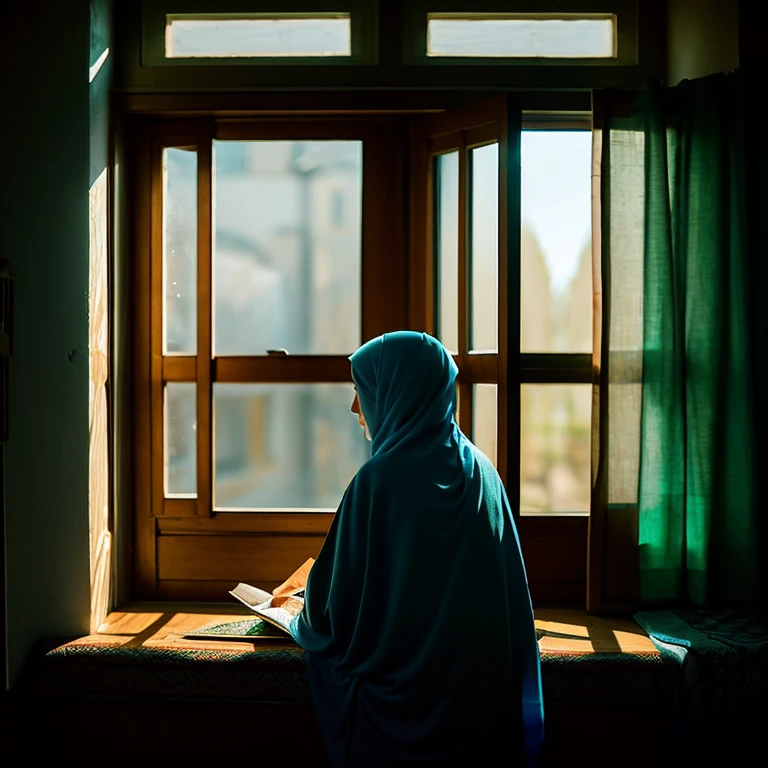 A old woman wearing a long hijab  reading quran by the side of the window!  From the window sun light  coming in the dark room.Showing her back! A decent very old woman