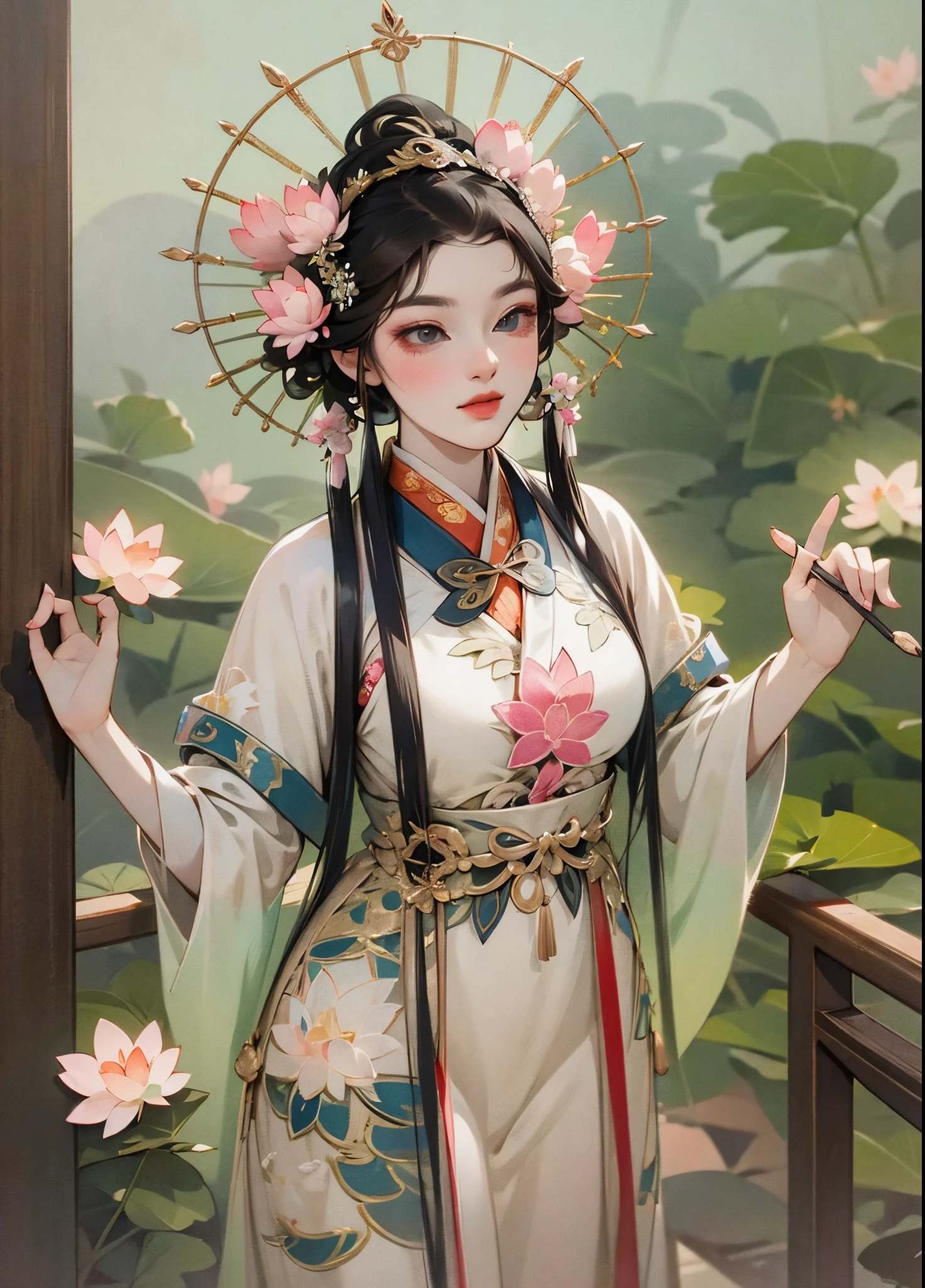 a lotus Chinese costume woman, graciosa, cabelos longos e sedosos, throwing pink flowers, realistic, HDR --auto --s2