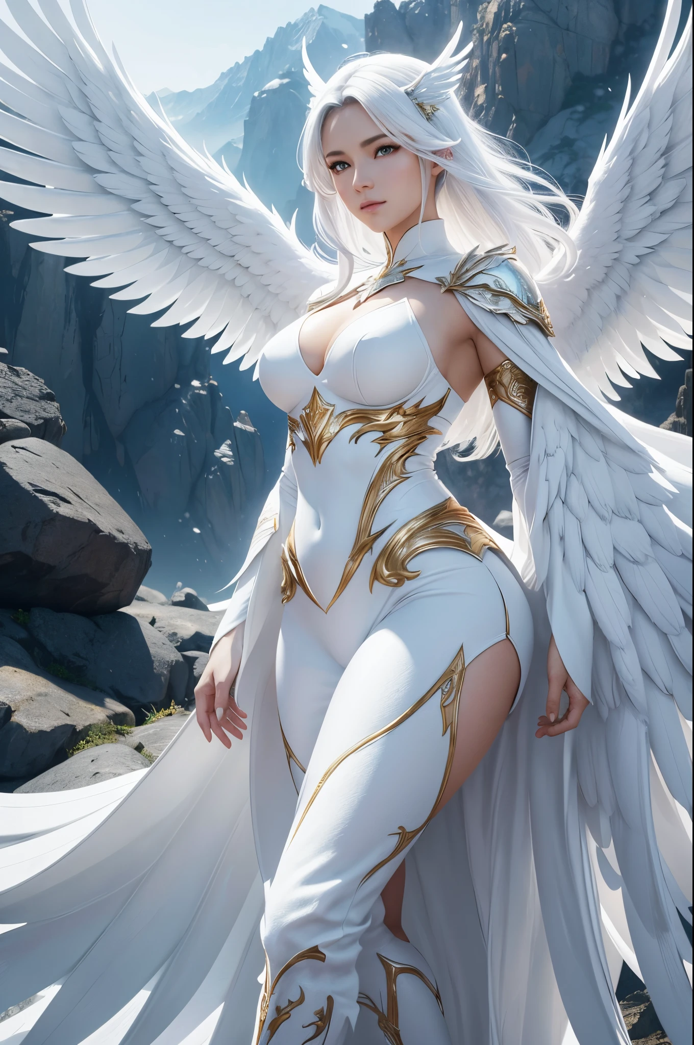 8K,White wings on the back,Arafe poses in front of a mountain wearing a white and gold exterior., small breasts(Like the real thing)personification of the white firebird,Golden eyes,real looking skin,A sexy,artgerm julie bell beeple, very detailed Artgerm, angel knight girl, Alexandra Fomina Artstation, ig model | ArtGerm, fanart best artstation, as seen on artgerm, full - body majestic angel, mystical valkyrie,超A high resolution,A hyper-realistic,enticing,Look at viewers,personification of white phoenix,wings folded on the back,Emits an intense white aura from the body(Strong white aura effect)