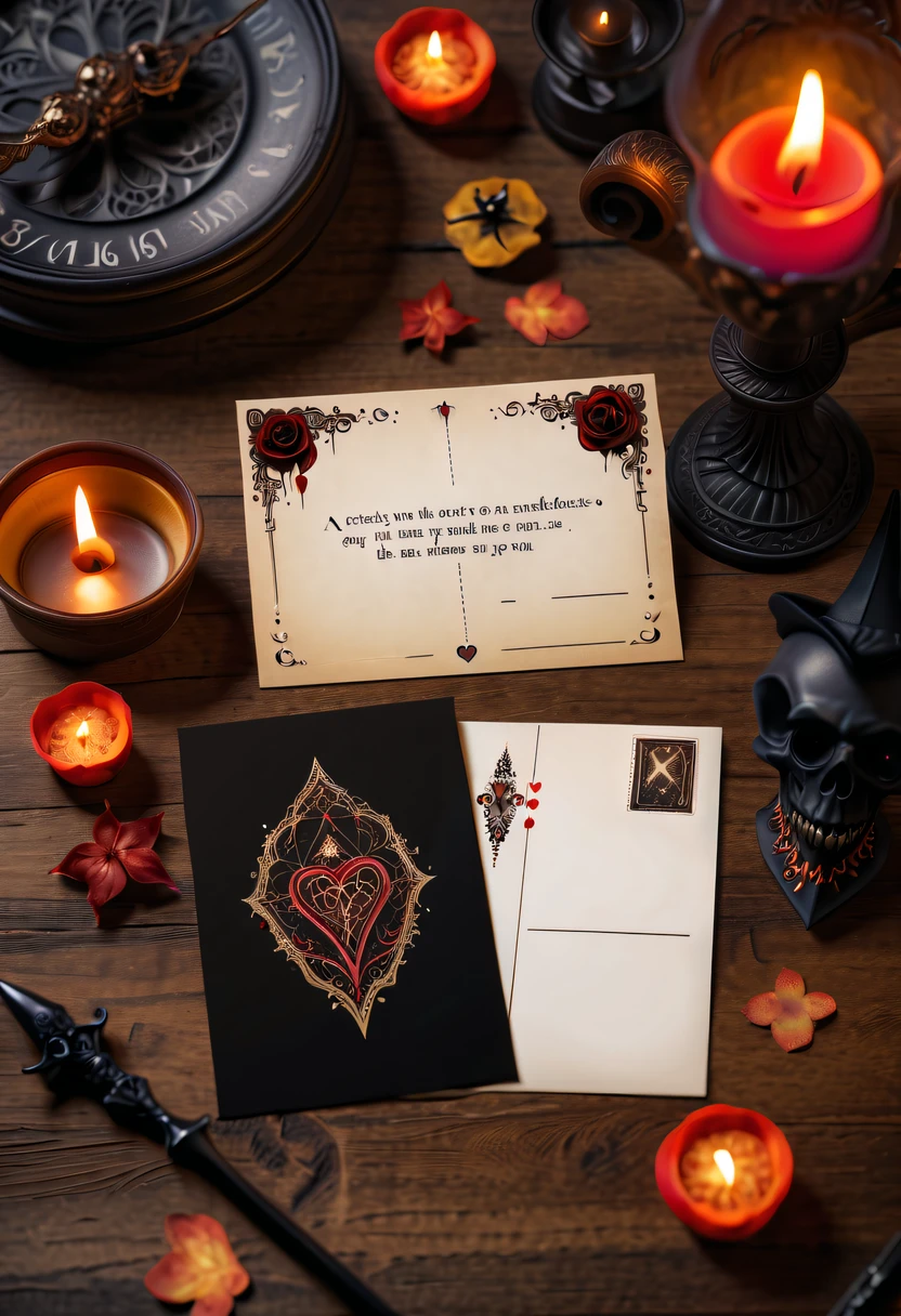 Best quality,8K,A high resolution,tmasterpiece:1.2,(actual:1.37),(Postcard with gothic magic on the front:1.3),(The reverse side a postcard in envelope format..:1.1),(Write magical words your my love on postcard free":1.2),cardboard postcard,simplebackground,On a table,