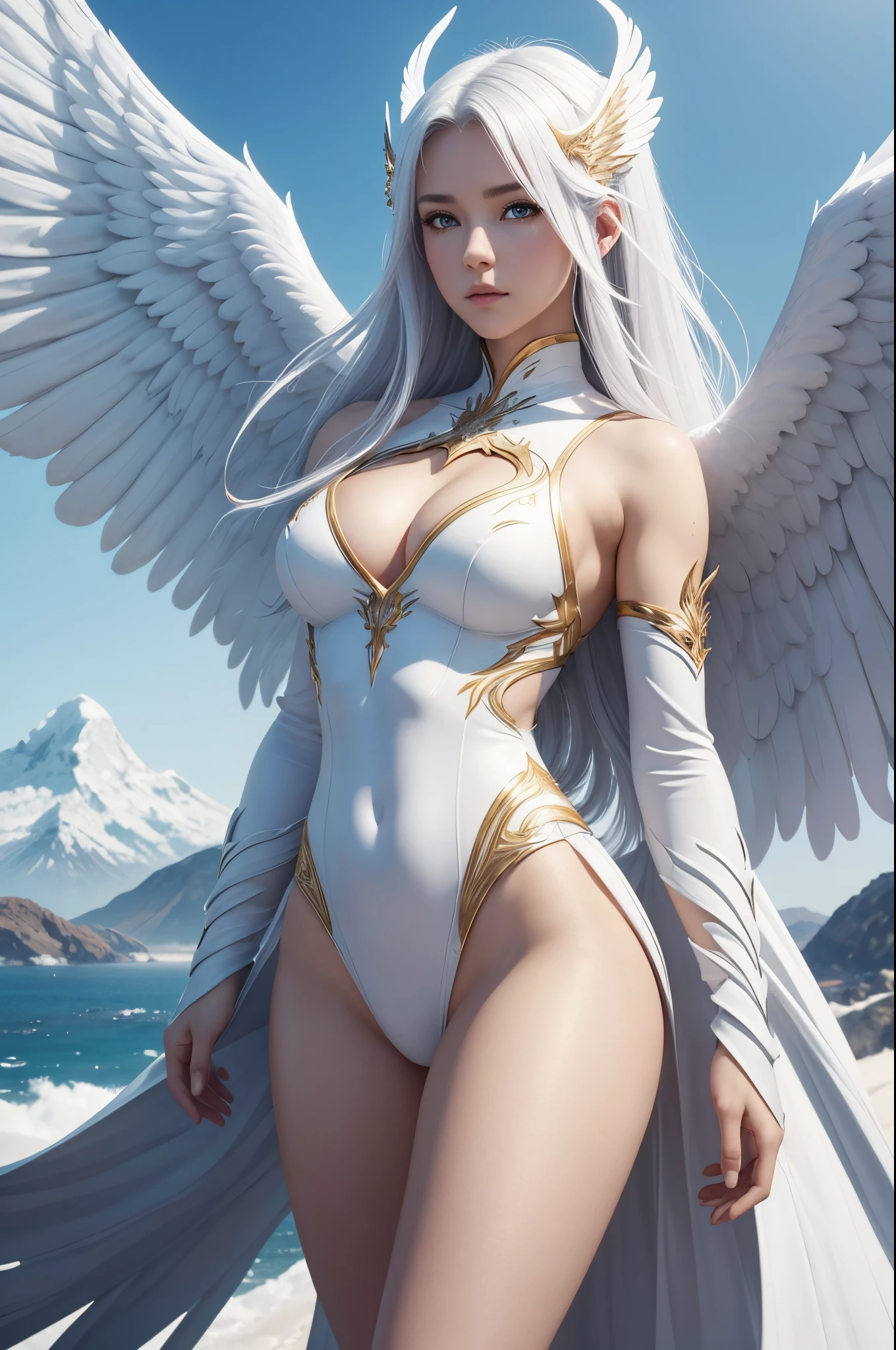 8K,White wings on the back,Arafe poses in front of a mountain wearing a white and gold exterior., small breasts(Like the real thing)personification of the white firebird,Golden eyes,real looking skin,A sexy,artgerm julie bell beeple, very detailed Artgerm, angel knight girl, Alexandra Fomina Artstation, ig model | ArtGerm, fanart best artstation, as seen on artgerm, full - body majestic angel, mystical valkyrie,超A high resolution,A hyper-realistic,enticing,Look at viewers,personification of white phoenix,wings folded on the back,Emits an intense white aura from the body(Strong white aura effect)