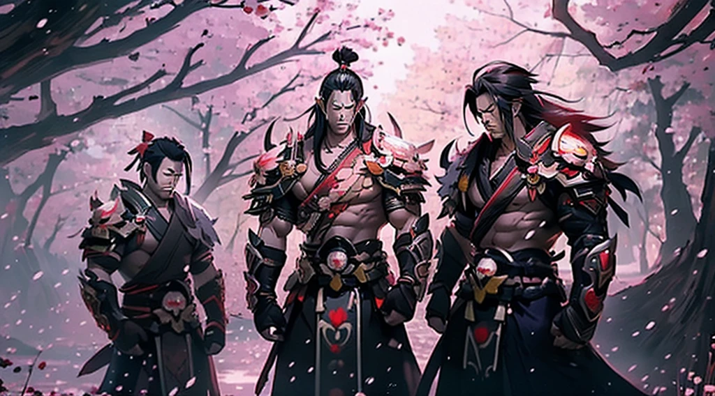 (((Two men))) one long red hair samurai in a fight position against other short black hair man samurai, they are both fight under a cherry blossom tree, cherry blossom leafs are falling from the tree (((beautiful cherry blossom leafs))), golden sun, sundown, 4k, unreal engine, high quality details, amazing quality.