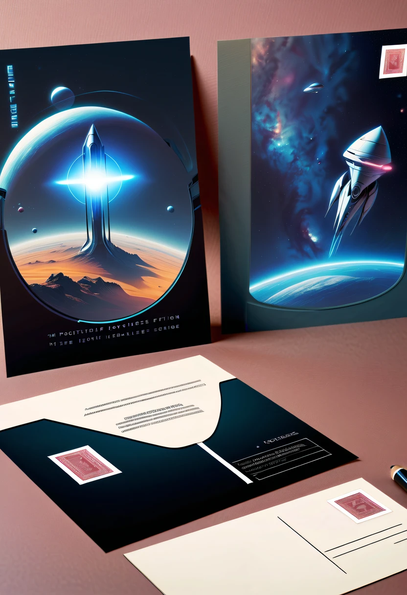 Best quality,8K,A high resolution,tmasterpiece:1.2,(actual:1.37),(Postcard with futuristic science fiction written on the front:1.3)，(The reverse side  a postcard in envelope format..:1.1)，(Write magical words your my love on postcard free":1.2)，cardboard postcard，simplebackground，On a table