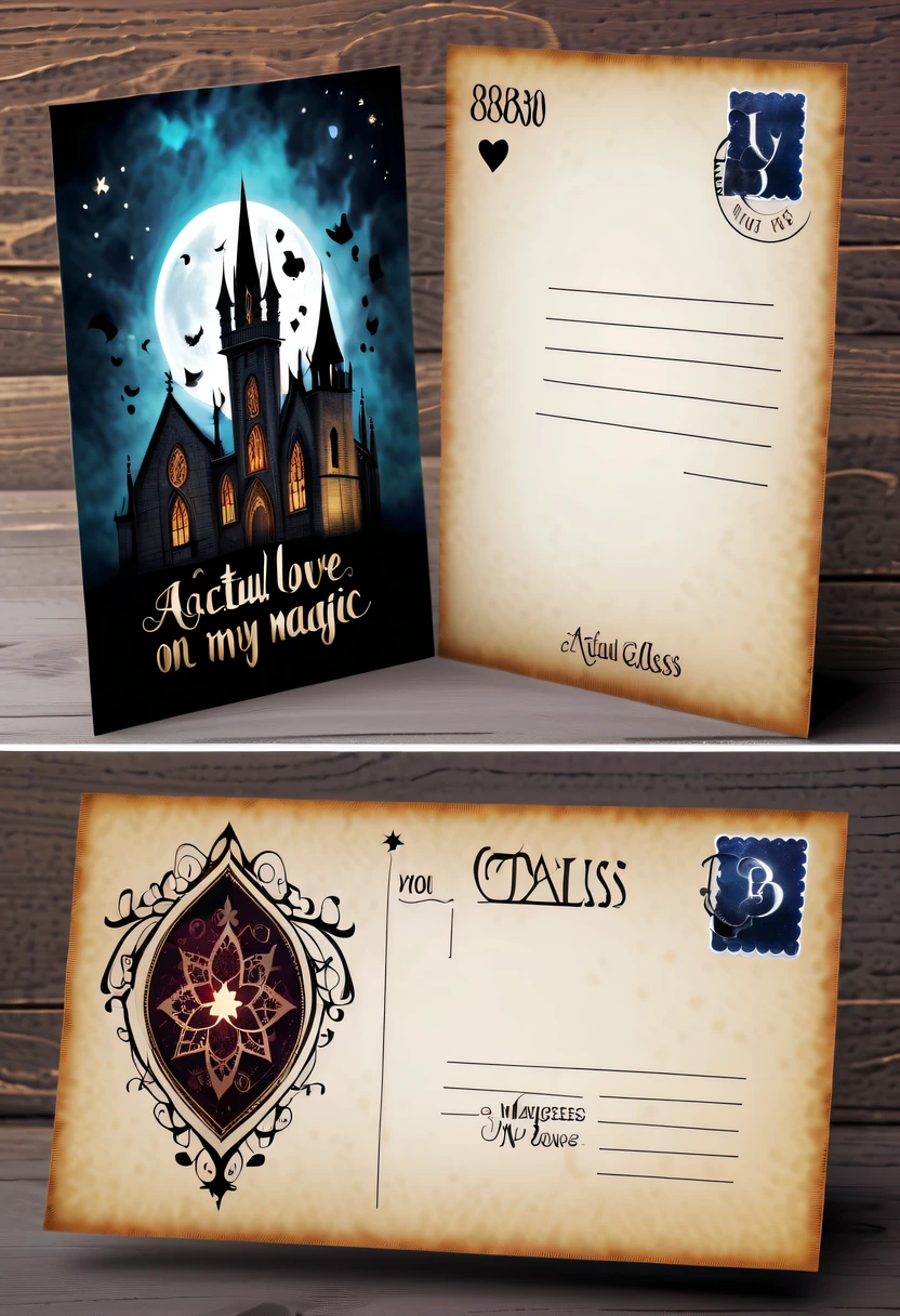 Best quality,8K,A high resolution,tmasterpiece:1.2,(actual:1.37),(Postcard with gothic magic on the front:1.3),(The reverse side a postcard in envelope format..:1.1),(Write magical words your my love on postcard free":1.2),cardboard postcard,simplebackground,On a table,