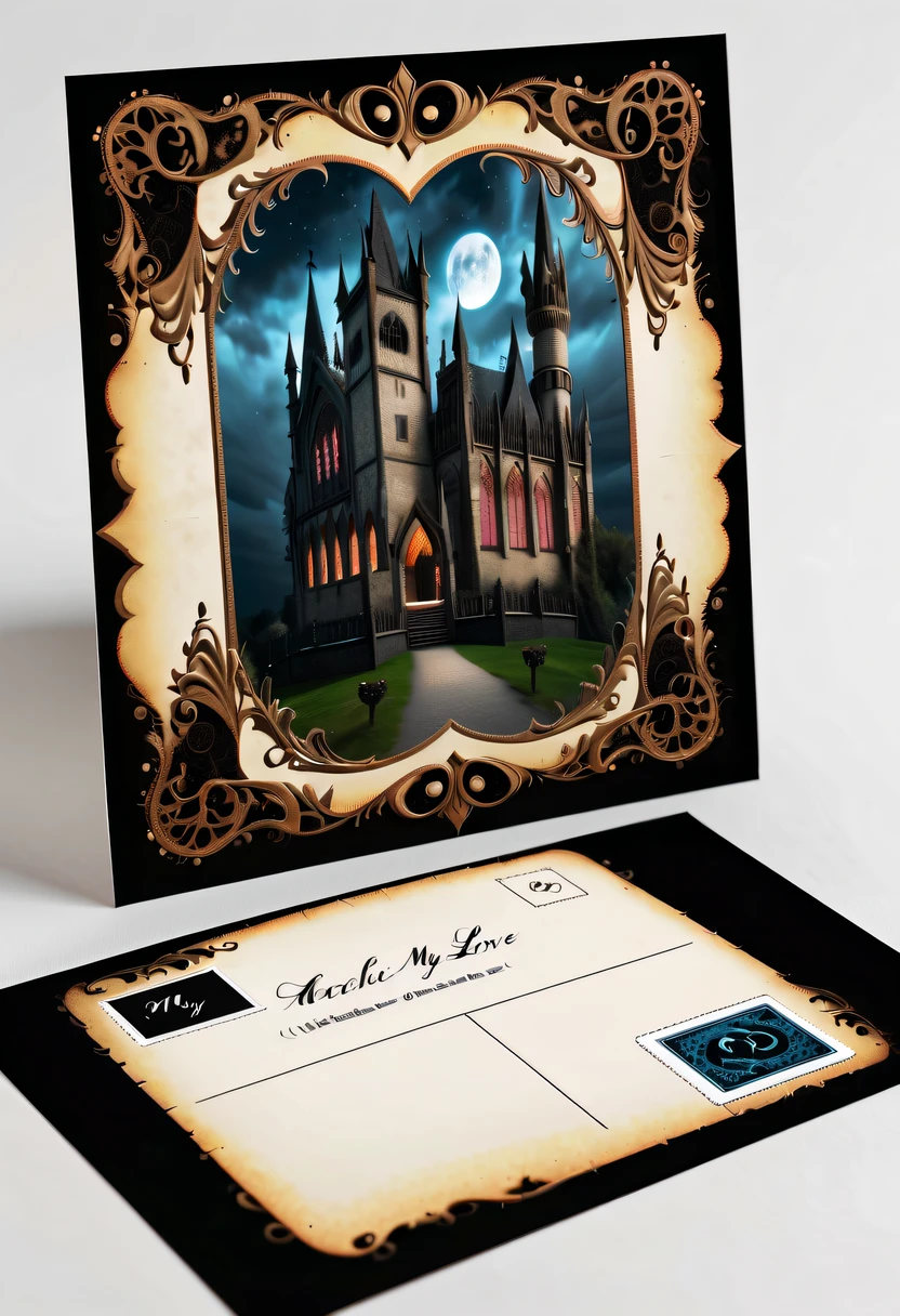 Best quality,8K,A high resolution,tmasterpiece:1.2,(actual:1.37),(Postcard with gothic magic on the front:1.3),(The reverse side a postcard in envelope format..:1.1),(Write magical words your my love on postcard free":1.2),cardboard postcard,simplebackground,On a table,